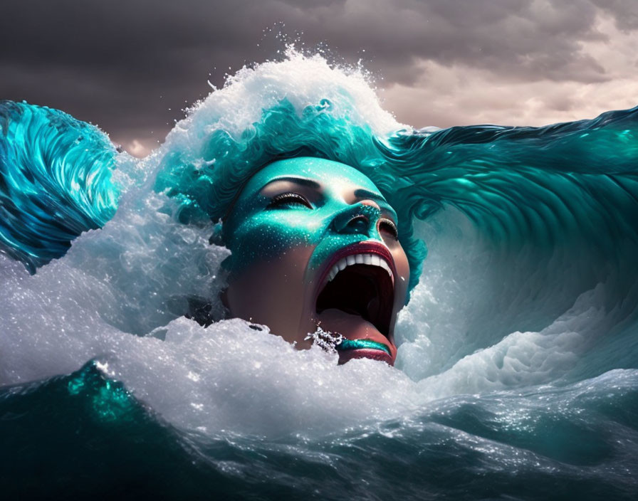 Blue-skinned woman emerges from turbulent ocean waves with open mouth.