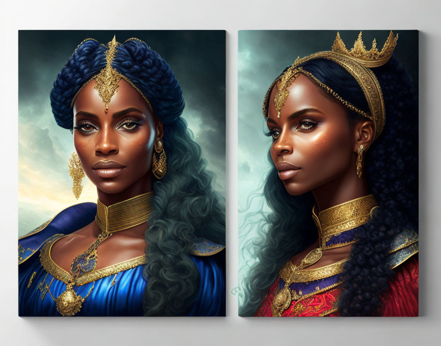 Regal woman portraits in blue and red garments with golden crown and ornate jewelry