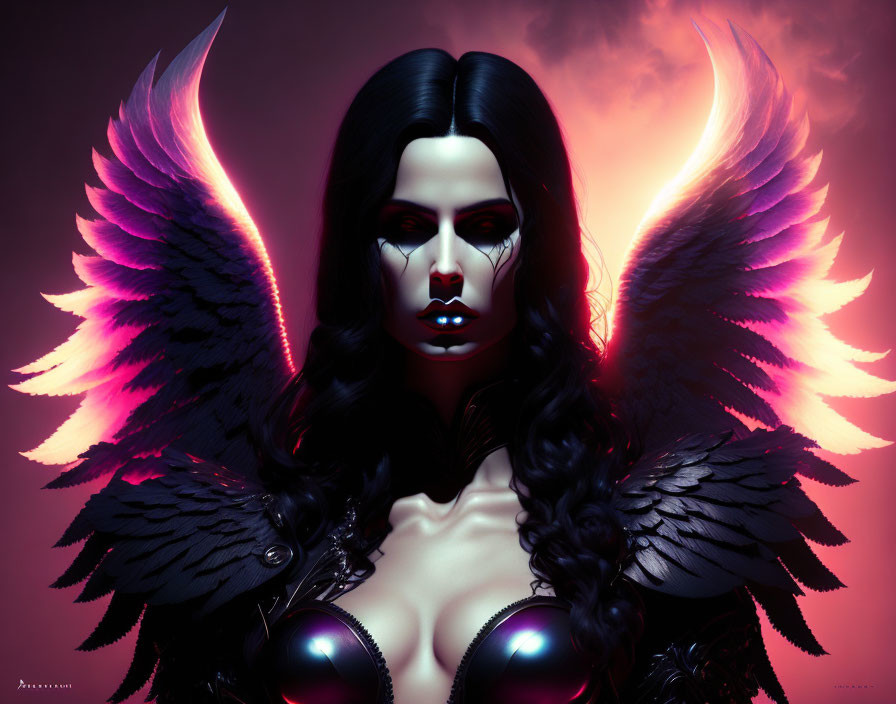 Gothic female figure with black wings and glowing eyes in fiery setting