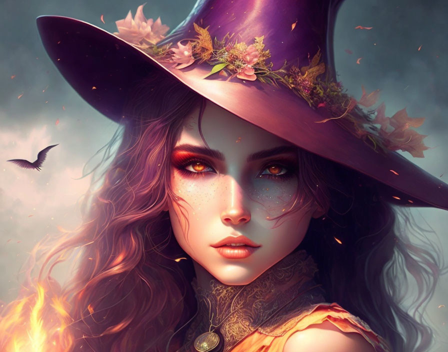 Fantasy witch illustration with purple hat, fiery hair, and mystical aura