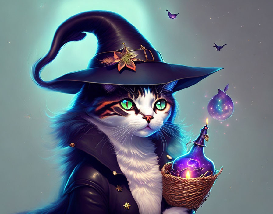 Fantasy cat in witch's attire with potion basket and bats in mystical setting