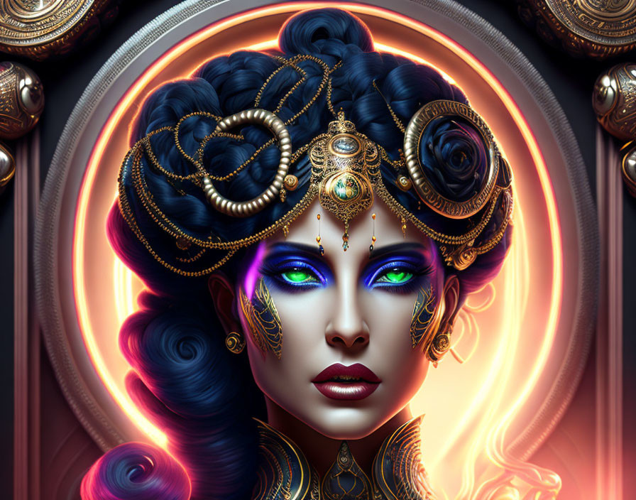 Intricate gold and blue headdress on woman in digital artwork
