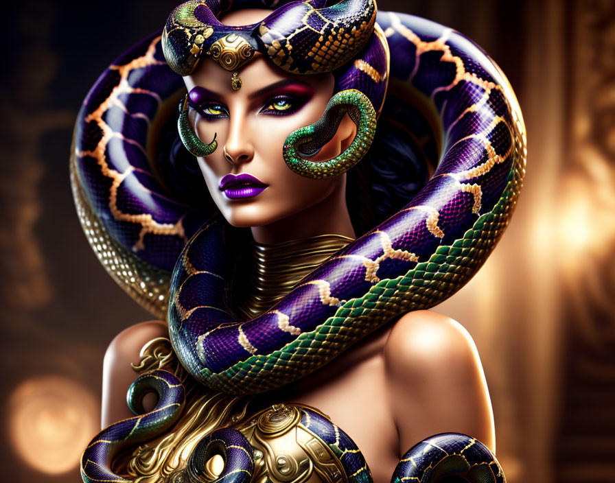 Digital artwork: Woman with snake features and python, ornate headdress, golden backdrop