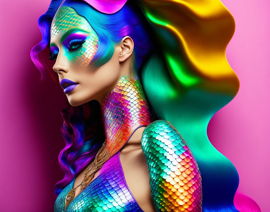 Vibrant rainbow-colored hair and makeup with scale-like skin pattern