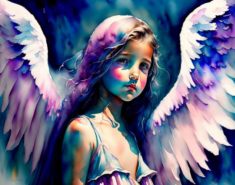 Colorful angel wings on young girl in moody blue setting
