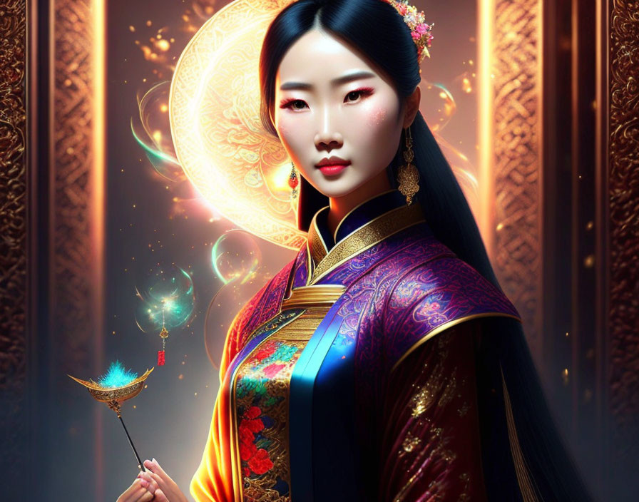 Digital art of elegant woman in traditional Asian attire with glowing orb and fan against moonlit ornate background