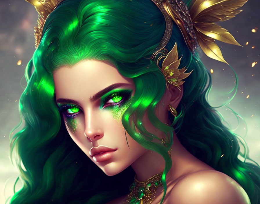 Vibrant Green Hair Woman Portrait with Striking Eyes & Gold Jewelry