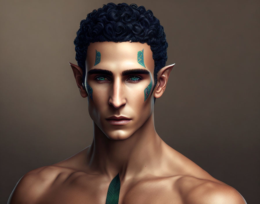 Male elf with pointed ears, blue tribal face markings, and dark curly hair