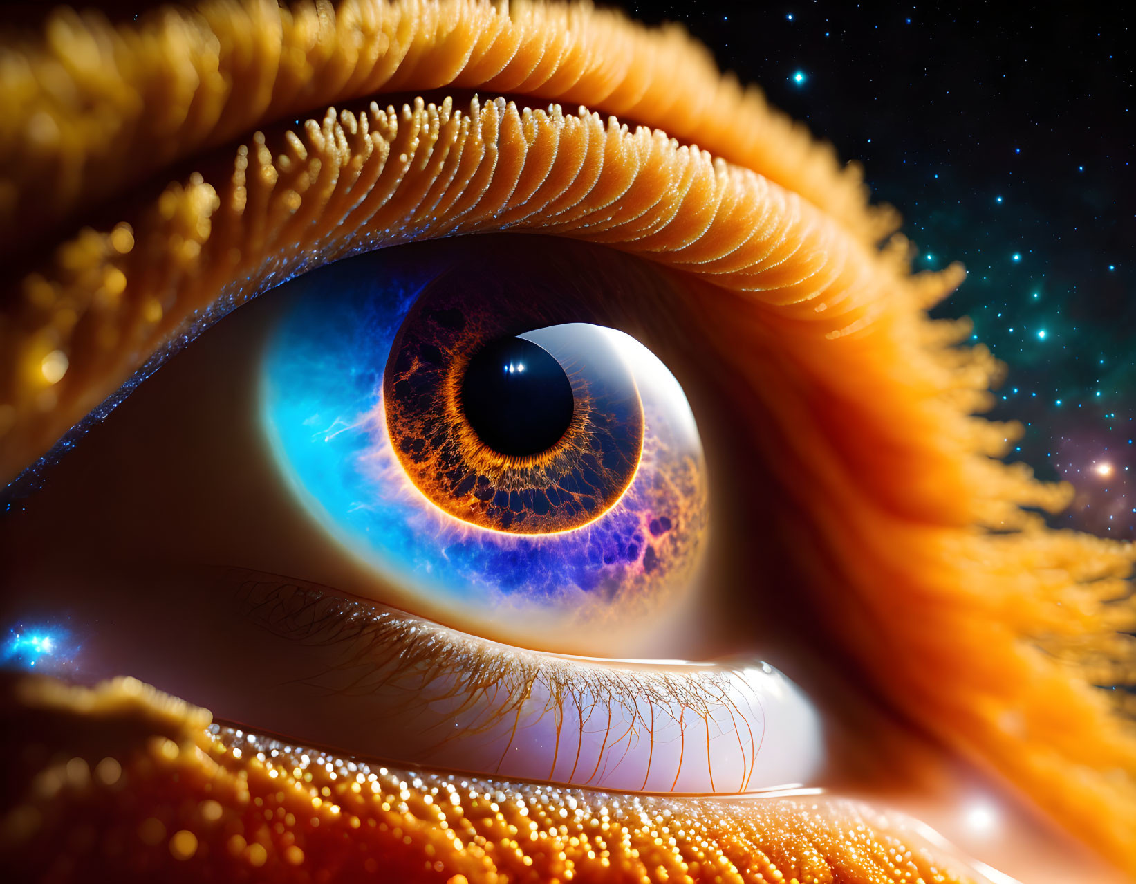 Detailed close-up of human eye reflecting cosmic starfield with fiery orange lashes and deep blue iris.