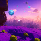 Colorful alien landscape with purple terrain, yellow flora, rock formation, and blue sphere under sunset sky