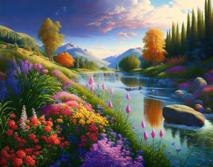 Vibrant landscape with river, colorful flowers, autumn trees, and purple sky