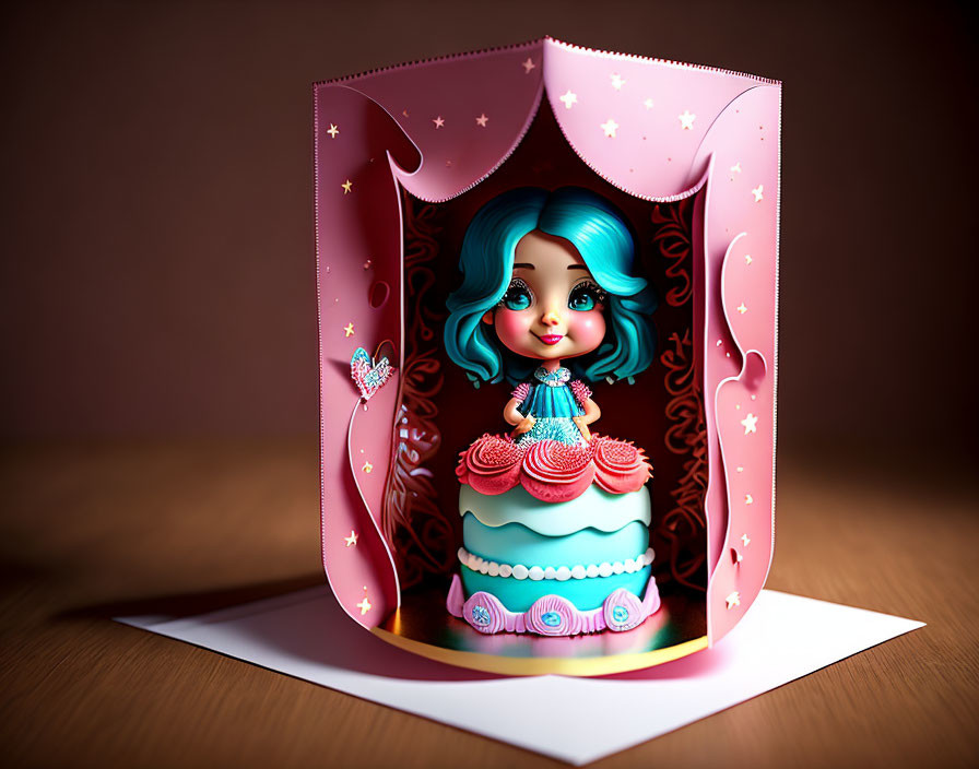 Blue-Haired Girl Pop-Up Card on Cake with Pink Starry Background