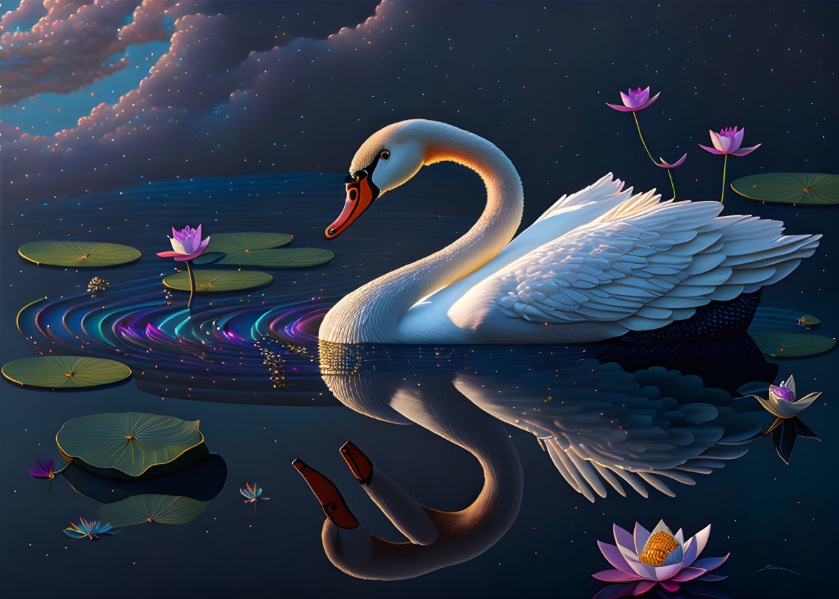 Swan on still pond at twilight with lotus flowers and lily pads