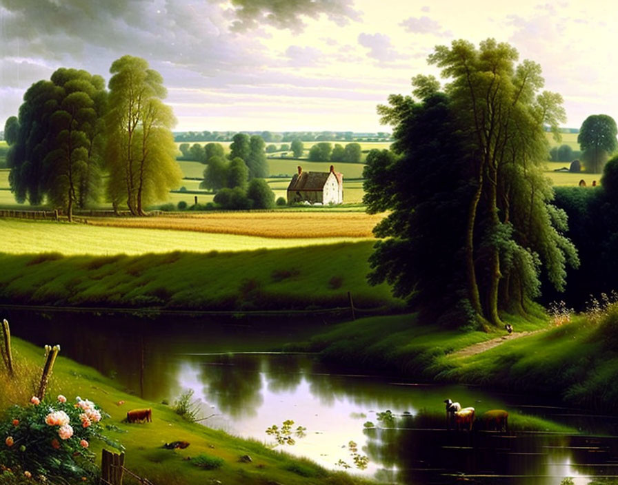 Tranquil countryside scene with river, cows, cottage, trees, and fields