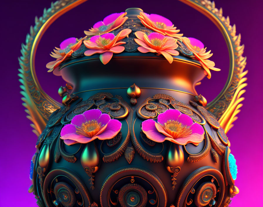 Colorful 3D-rendered ornate pot with blooming flowers on gradient background