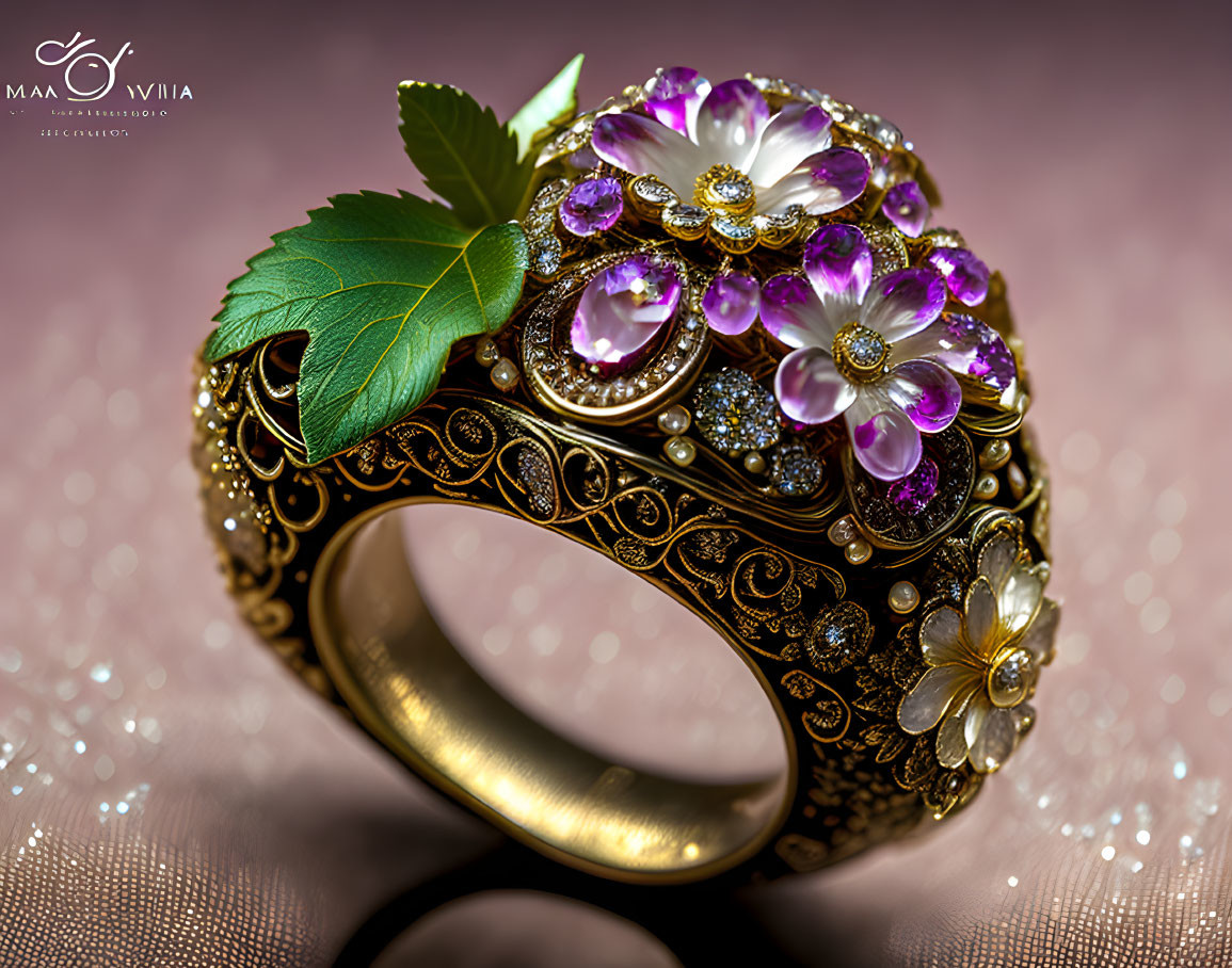 Gold ring with purple gemstones, diamonds, and floral motifs on reflective surface