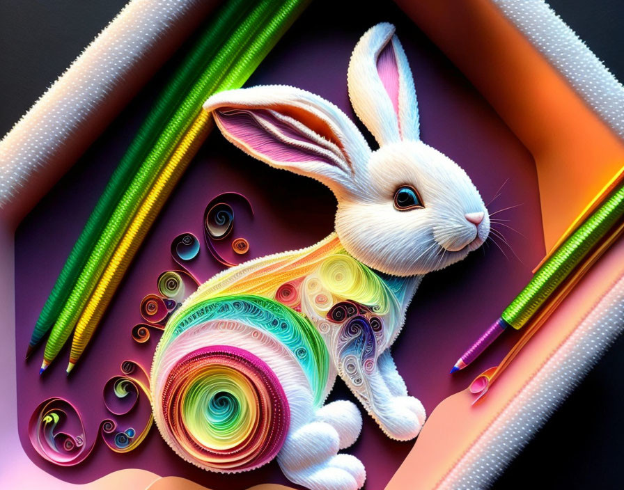 Colorful Quilled Paper Rabbit Illustration with Pencils on Dark Background