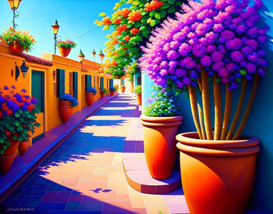 Colorful alley with blue walls, terra cotta pots, and purple tree in bloom