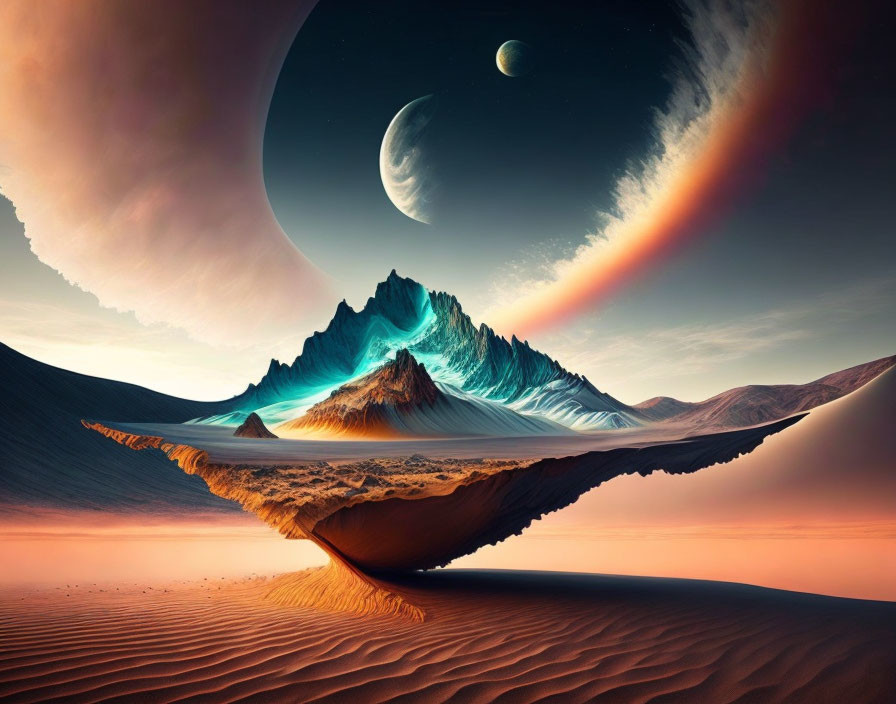 Surreal landscape with floating mountains above desert sky