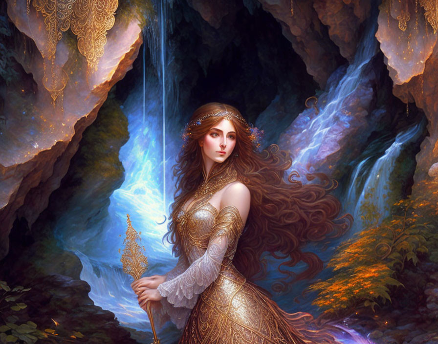 Ethereal woman in golden attire against mystical forest backdrop
