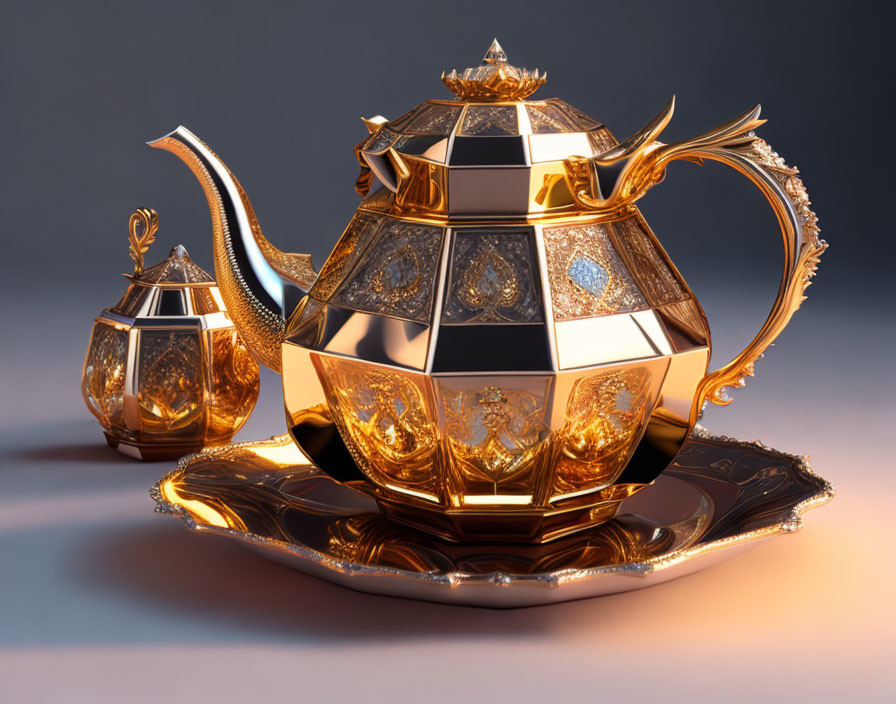 Golden Teapot, Cup & Saucer Set with Ornate Designs on Amber Background