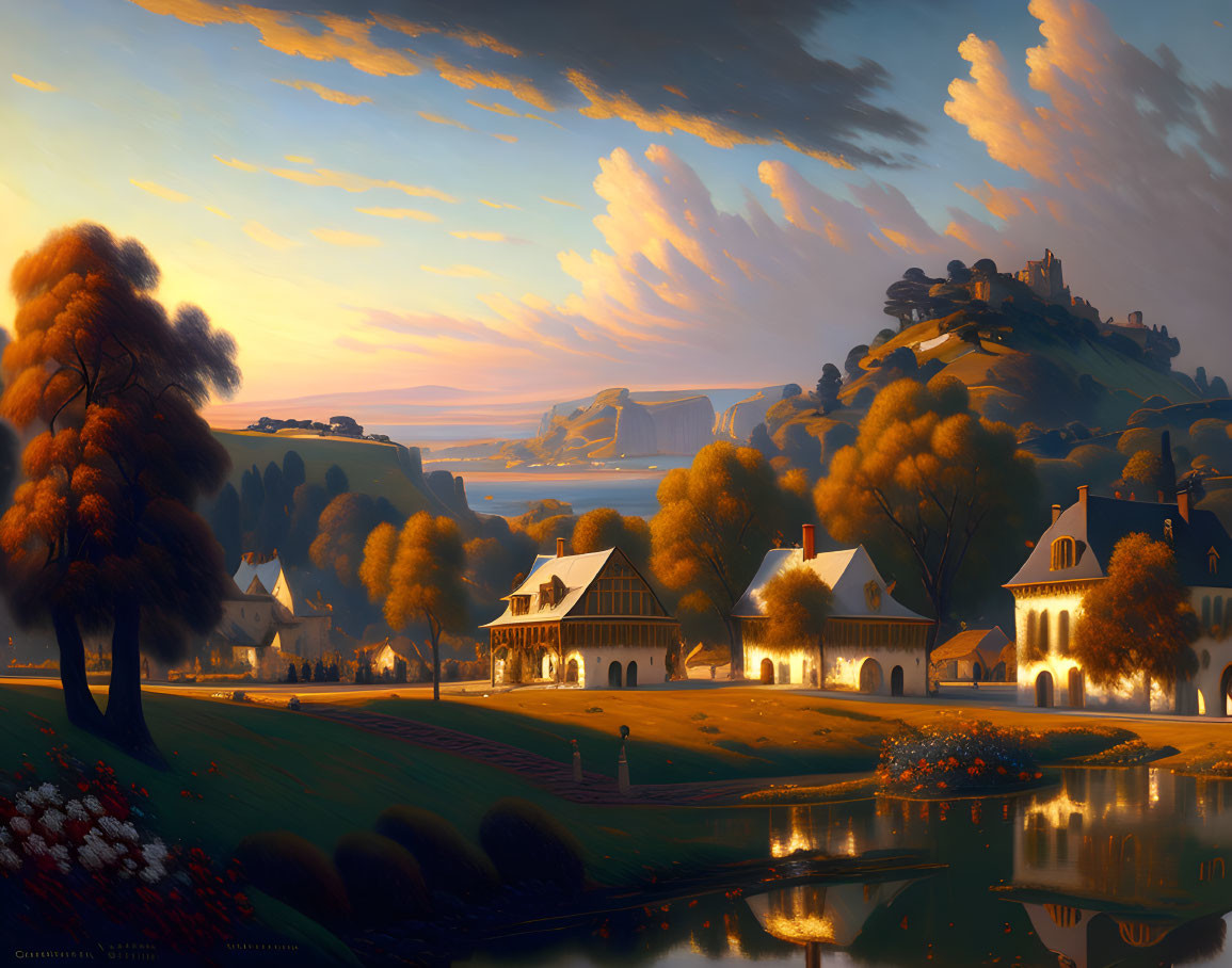 Tranquil pond, charming cottages, vibrant trees, distant cliffs, and a castle in sunset