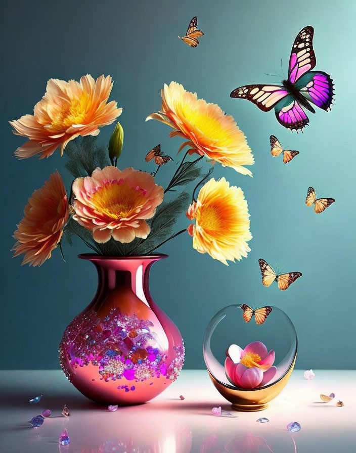 Colorful digital artwork with flowers, butterflies, and crystals