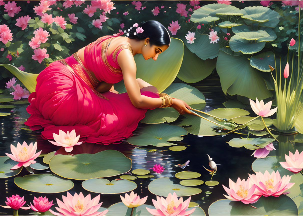 Woman in Pink Saree Amidst Blooming Lotus Flowers