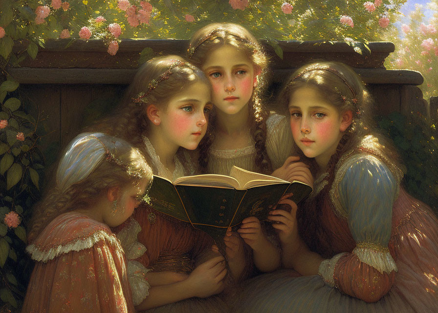 Three girls reading a book in a garden with pink roses and warm sunlight.