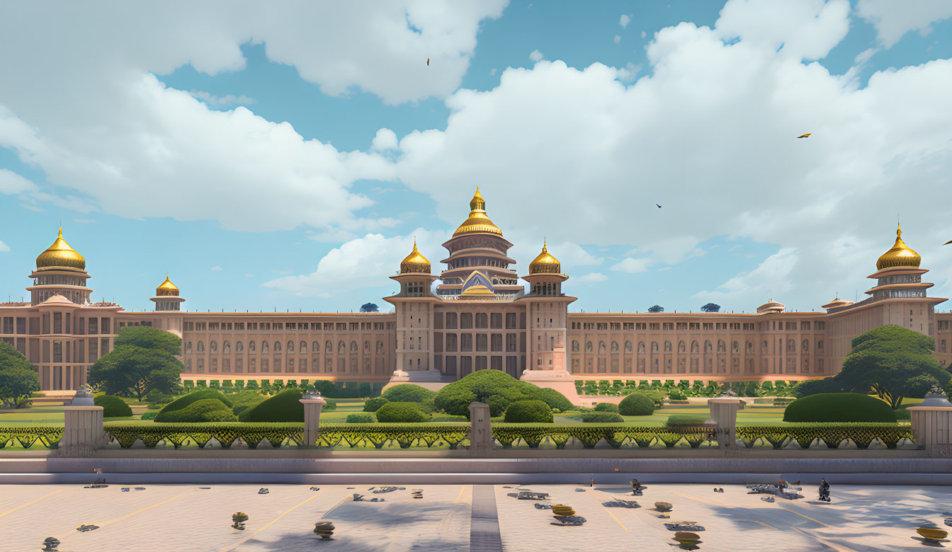 Palace with Golden Domes and Manicured Gardens Visited by People