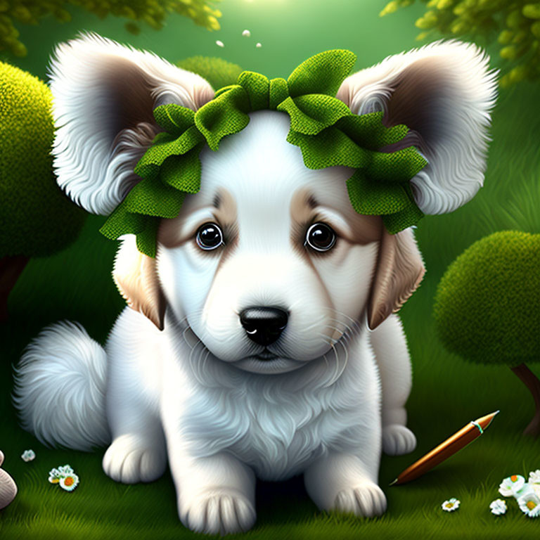 Illustrated puppy with green leaf wreath in garden with daisies and pencil