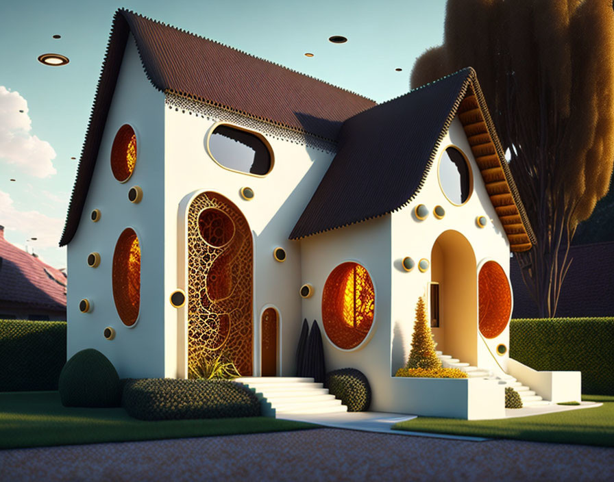 Whimsical cheese-inspired house with circular windows and lush garden