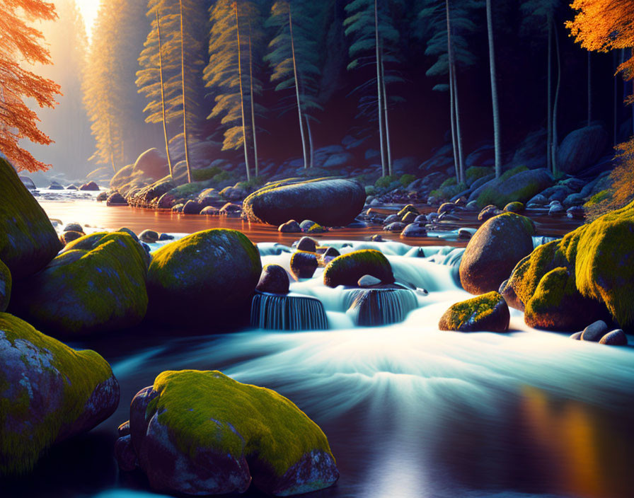 Tranquil forest scene with serene river and moss-covered rocks