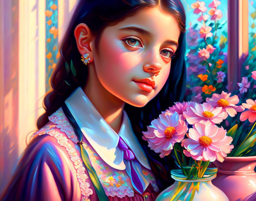 Digital painting of young girl posing with flowers in sunlight