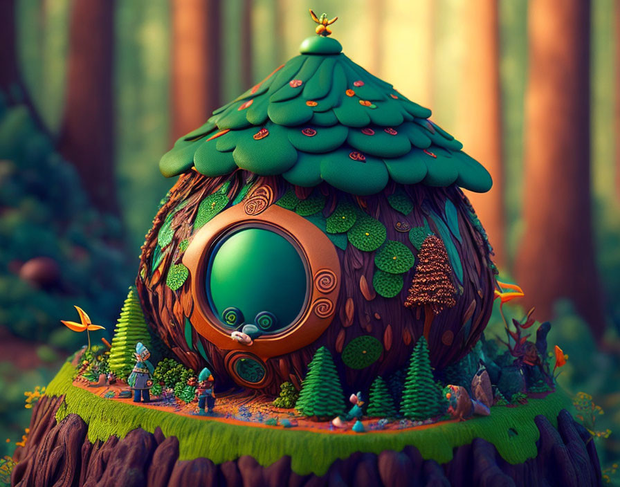 Fantasy tree-shaped house illustration in lush forest
