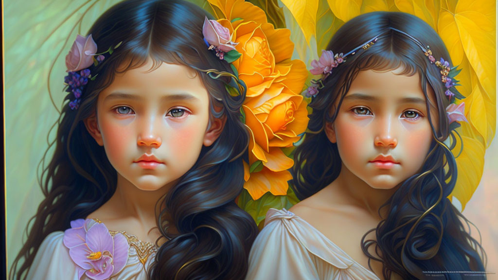 Illustrated girls with floral headpieces and flowing dark hair in warm colors.