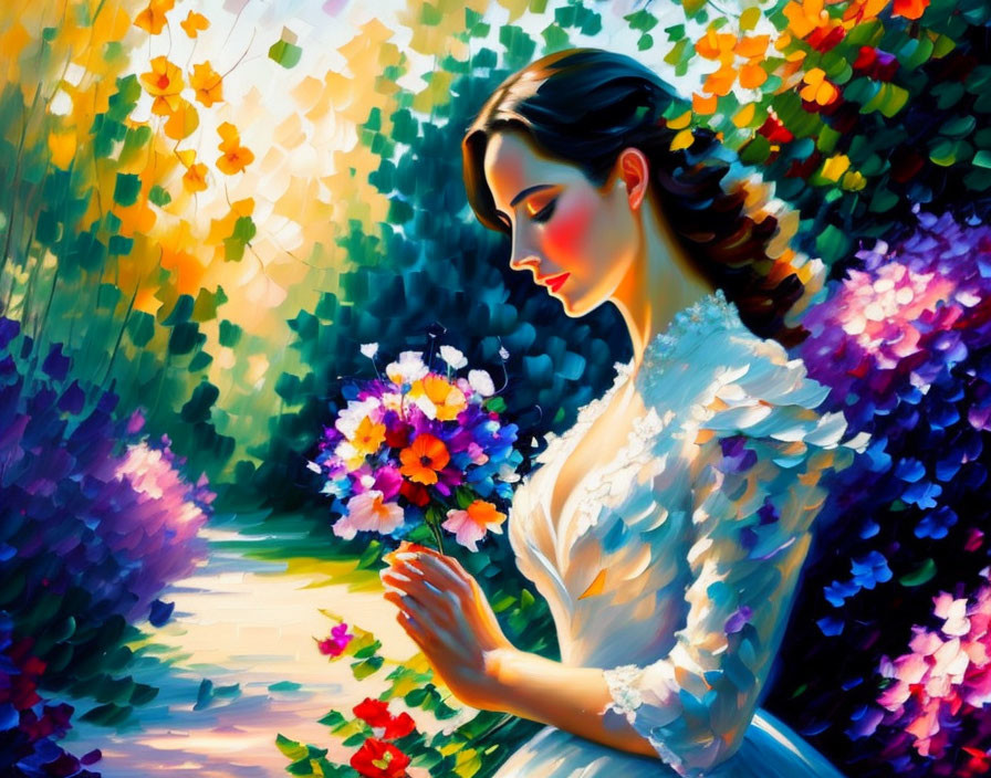 Colorful Impressionistic Painting of Woman in White Dress with Bouquet