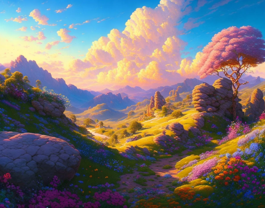 Colorful landscape with pink tree, meadows, flowers, and mountains under cloudy sky