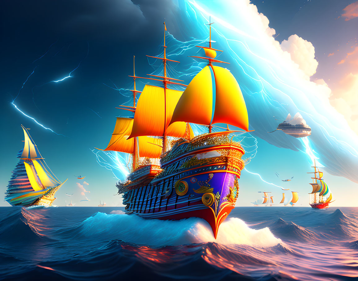 Colorful Sailing Ships on Choppy Seas with Lightning and Floating Island