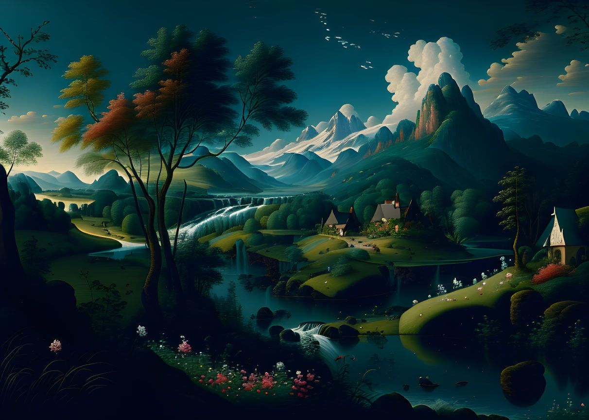 Fantastical landscape with river, houses, mountains, and twilight sky