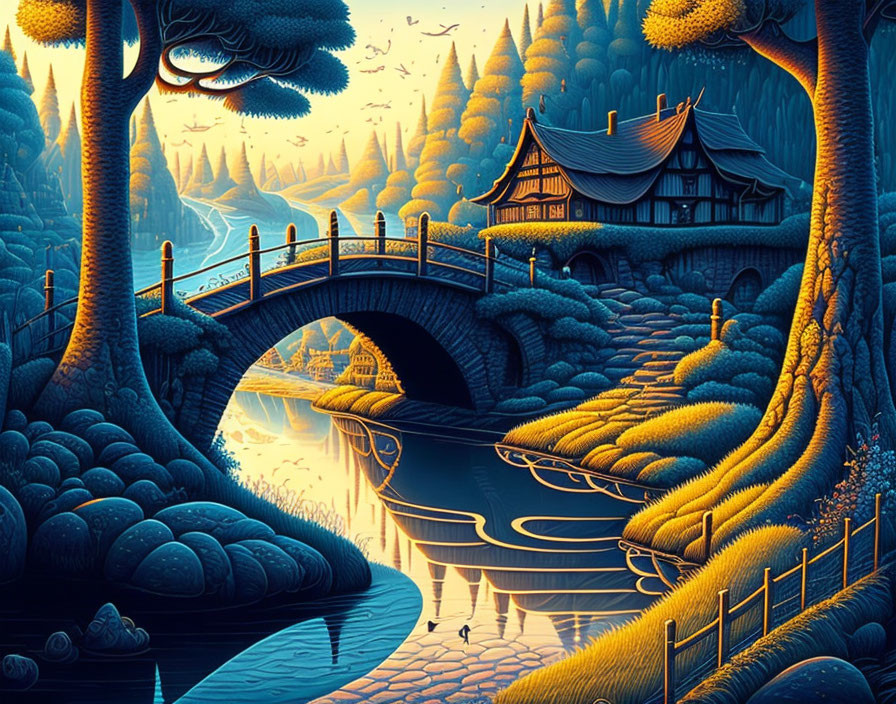Surreal landscape with blue and orange color scheme, traditional house, arched bridge, and lush