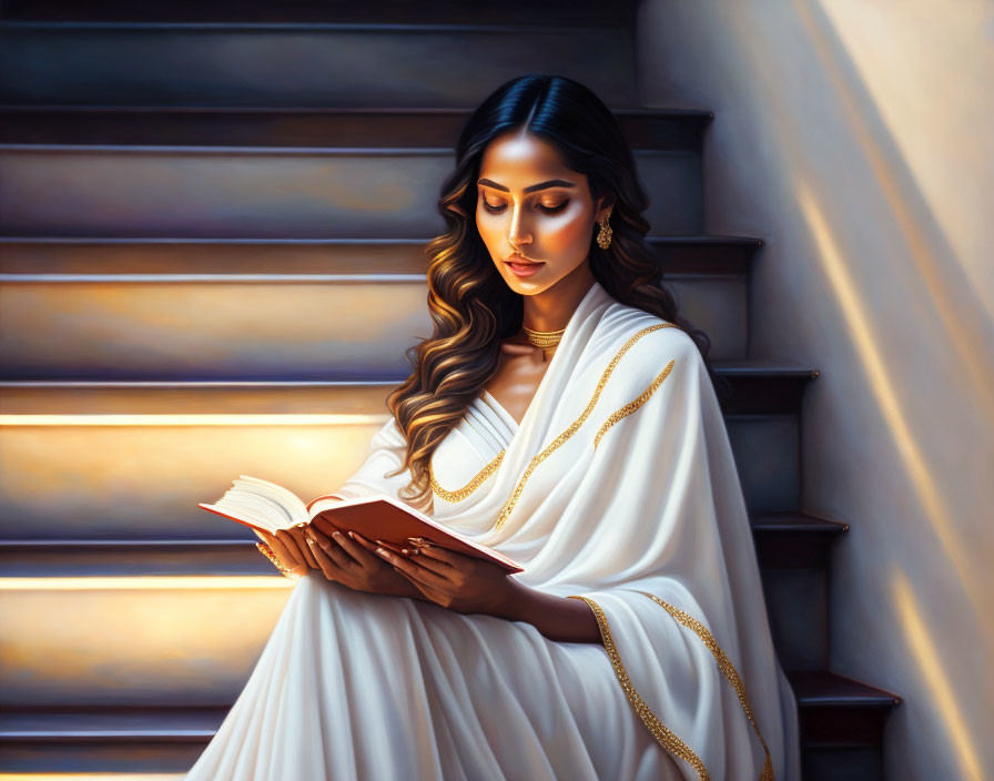 Woman in white saree reading book on sunlit stairs