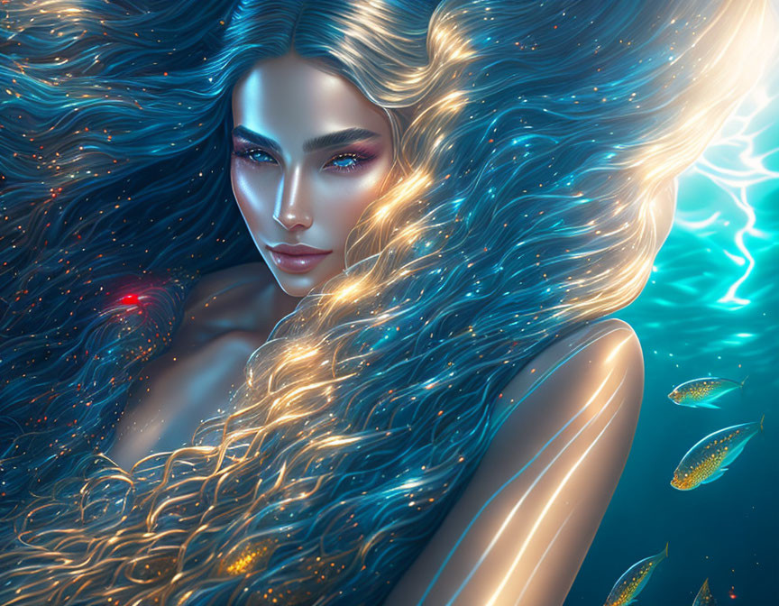 Mythical female with voluminous blue hair underwater surrounded by glowing fish
