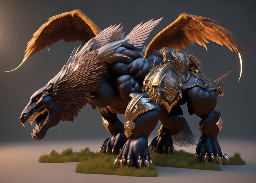 Armored dragon with outstretched wings on grassy surface