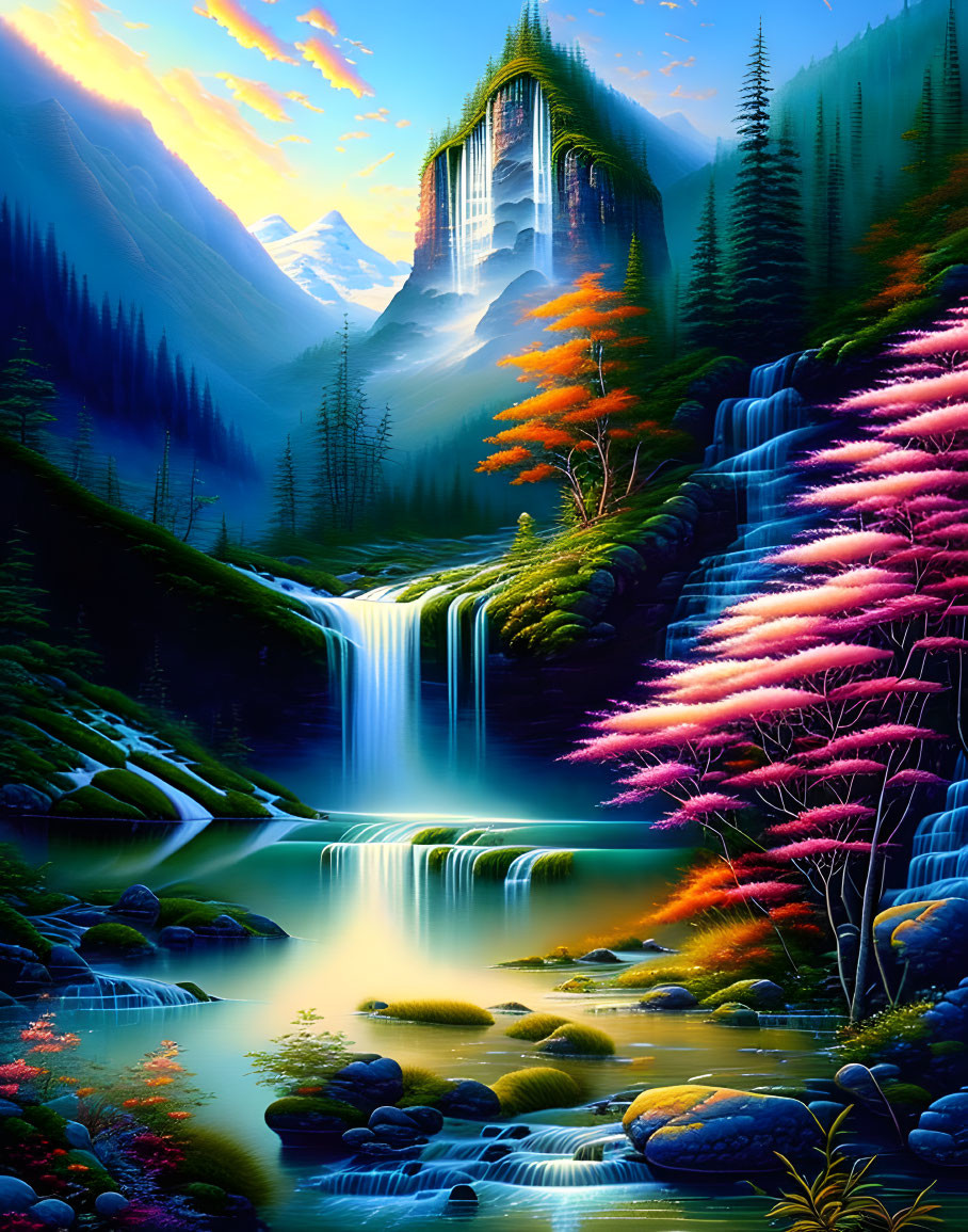 Colorful fantasy landscape with waterfall, river, castle, and mountain under sunlit sky