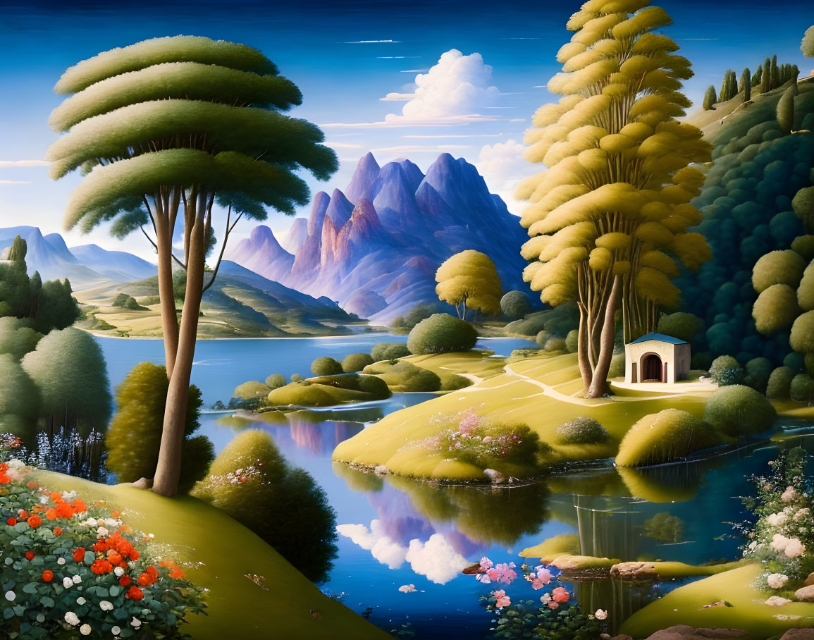 Serene landscape painting with lush trees, calm lake, colorful flowers, and distant mountains