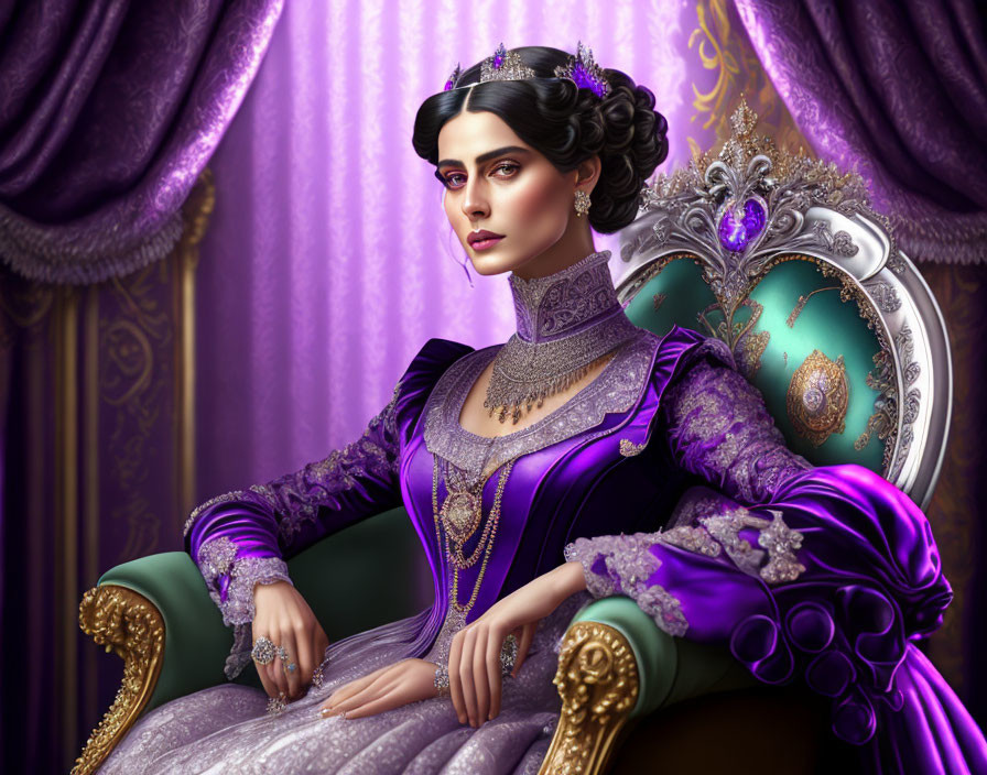 Regal Woman in Royal Purple Attire on Luxurious Throne