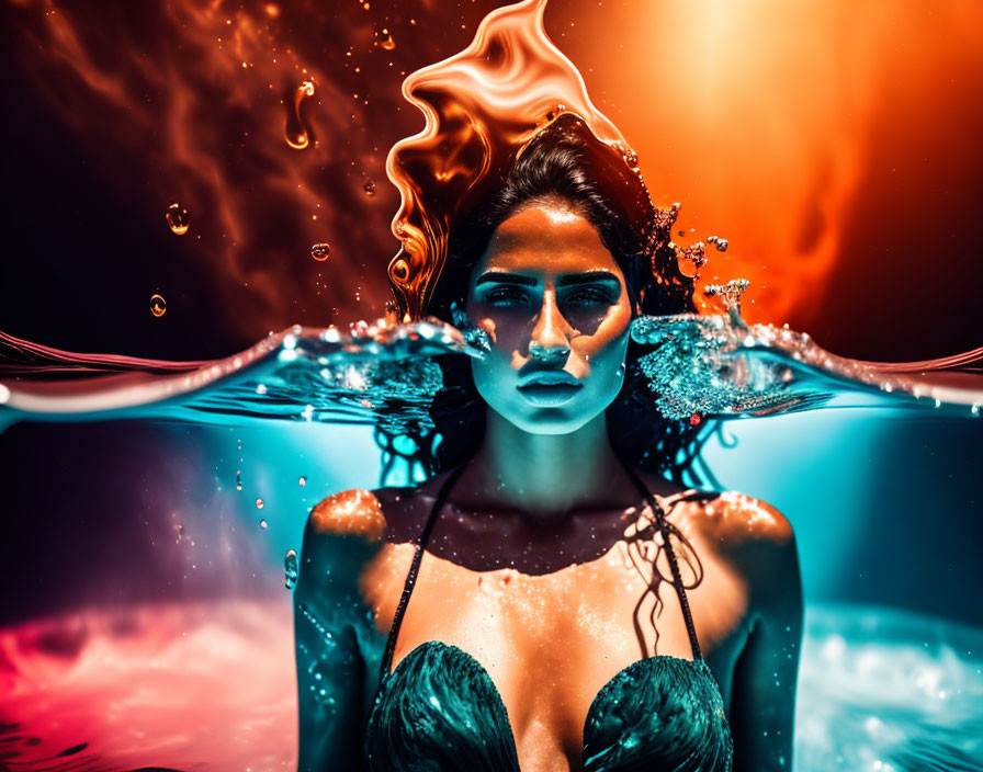 Woman partially submerged in water against fiery and cool background