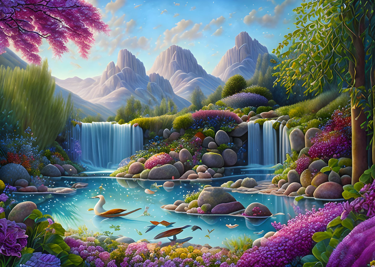 Tranquil landscape with waterfall, ducks, lush greenery, and vibrant flowers