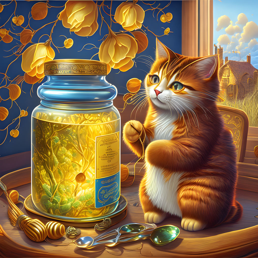 Orange Tabby Cat Gazing at Glowing Honey Jar with Bees and Honeycombs